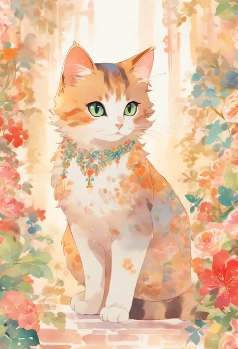 a cat in detailed watercolor, full body, ornamental, flora, arabesque, colorful, clipart, white background 50 --v 5.1 --s 2