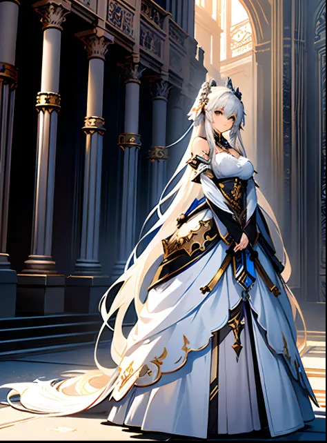 a woman in a white dress holding a sword and a sword, white haired deity, anime goddess, female anime character, from arknights, azur lane style, anime character, female action anime girl, gothic maiden anime girl, a very beautiful berserker woman, kantai ...