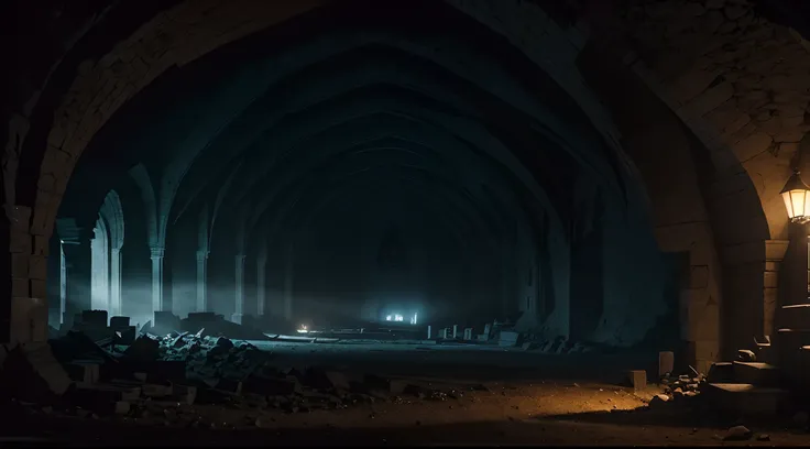 Grandiose interior of the Moria mine,  une mine souterraine (by writer J. r. r. Tolkien du Seigneur des anneaux), bluish and white in colour. endroit sombre, excavation de mithril, Mines sombres, Little light (aucun feu), Dusty mines. (aucun humain) (16k, ...