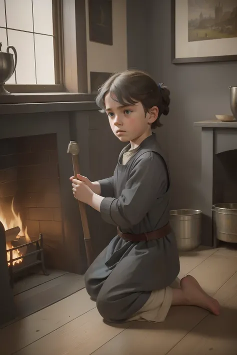 Year: 11th century. Location: London. Pre-raphaelite scene with a 9-year-old poor english boy, cleaning his dirty home fire, ((sad)), ((((11th century poor gray tunic)))) ((11th century hairstyle)), pastel colors, (((cinematic style)))