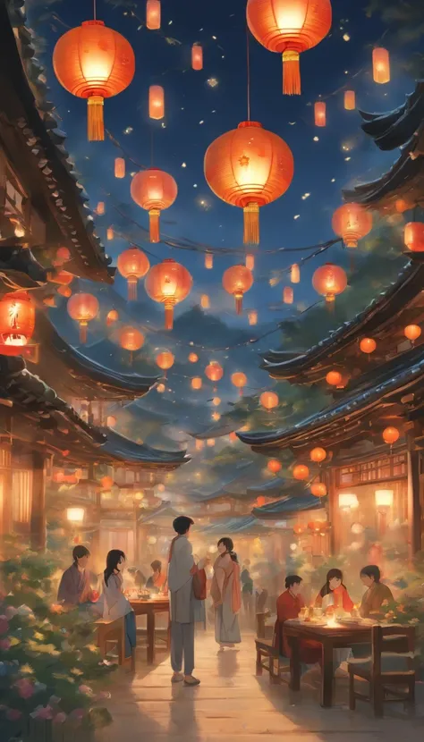 The family sits together, Enjoy a festive dinner, Surrounded by a warm and comfortable atmosphere. The room was beautifully decorated，Equipped with lanterns, Symbolizes the joy of the Mid-Autumn Festival. The table is filled with a variety of delicacies, I...