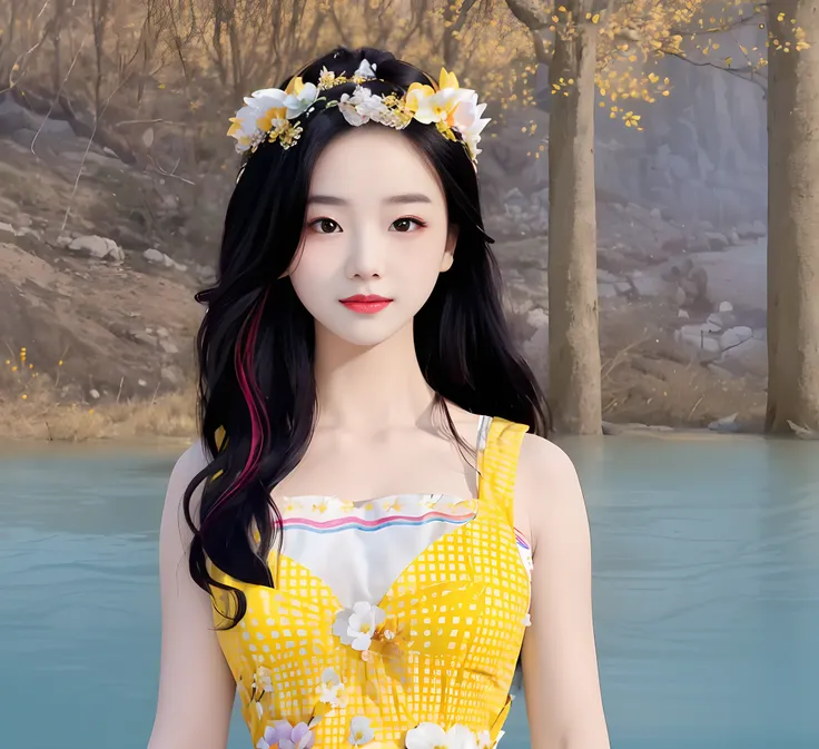 there is a woman with long hair wearing a yellow dress, inspired by Sim Sa-jeong, wavy hair yellow theme, lotus floral crown girl, vivid flower crown, long glowing ethereal hair, inspired by Dai Xi, inspired by Huang Ji, floral crown, detailed long black h...