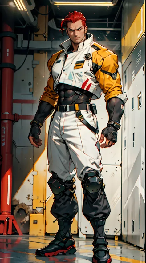 A man with short red-gold hair, hair slicked back, thick and disheveled hair, a cold and ruthless gaze, a confident expression, wears a two-piece futuristic military-style uniform, primarily in shades of white and red, accented by touches of yellow, stream...