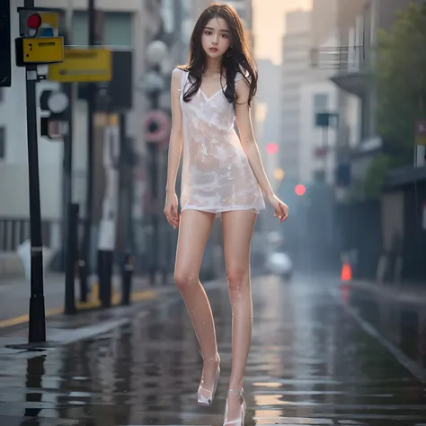 top-quality, ​masterpiece, 超A high resolution, Photorealsitic, Raw foto, ((one beautiful women)), 22year old, Detailed face, beautidful eyes, depth of fields, the city street, Wet in the rain, White T-shirt with V-neck, Wet and see-through t-shirt, small t...