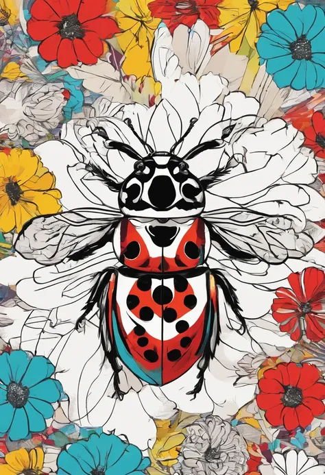 Cute ladybird illustration, line-drawing、Wind drawn in pencil、monochromes