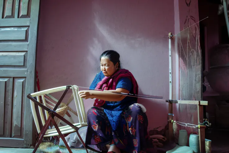 araffe woman sitting on a chair in a pink room, one of the weavers of destiny, weaving, masterpiece work of art, young himalayan...