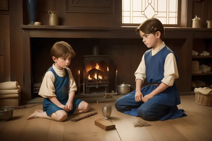 Year: 11th century. Location: London. Pre-raphaelite scene with a 9-year-old poor english boy, cleaning his dirty home fire, carpenters son, ((sad)), ((((11th century very poor tunic)))) ((11th century hairstyle)), (((cinematic style)))