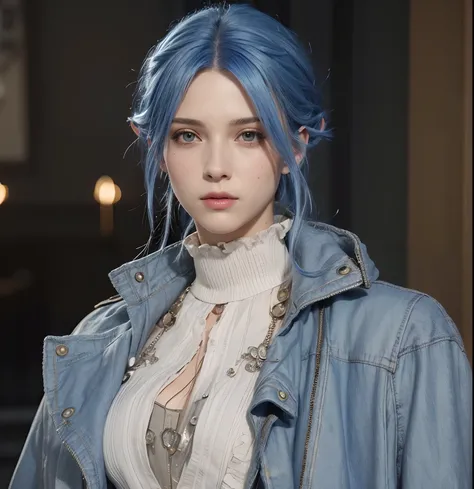 a close up of a person with blue hair wearing a blue jacket, female character, e. h. beatrice blue, character close up, beatrice blue, portrait of a female mage, character close-up, female lead character, attractive androgynous humanoid, v from devil may c...