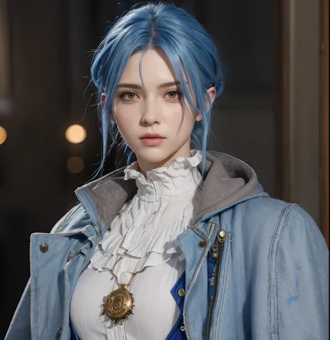 a close up of a person with blue hair wearing a blue jacket, female character, e. h. beatrice blue, character close up, beatrice blue, portrait of a female mage, character close-up, female lead character, attractive androgynous humanoid, v from devil may c...