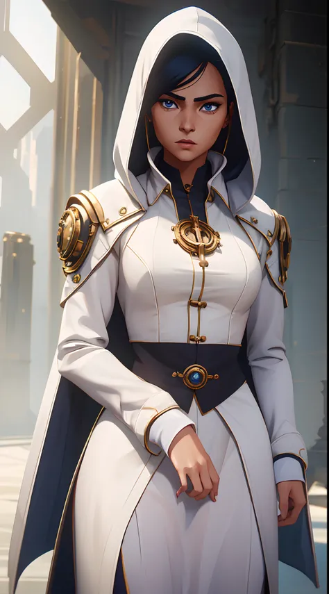 A determined young woman in a pristine white robe and a futuristic steampunk hoodie stands defiantly, her expression an intense blend of focus and vigilance. Her piercing gaze holds a story of resilience and strength, inviting the viewer into a world of ad...