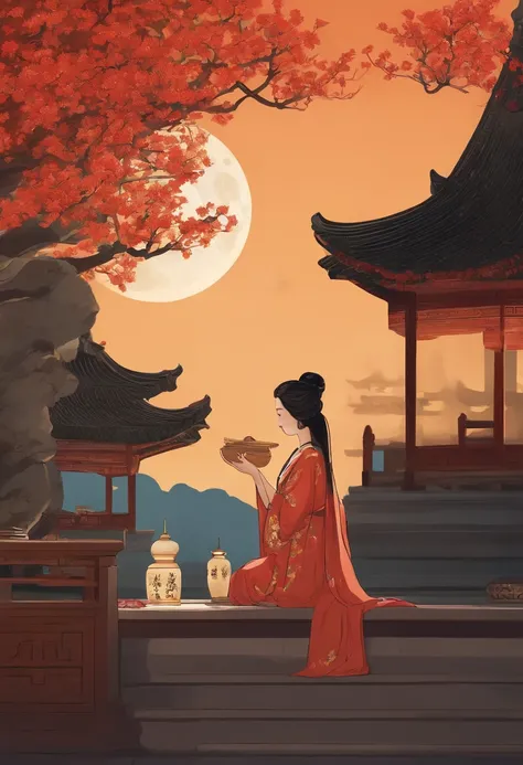 an osmanthus tree，Ancient architecture，Moon，Change，large moon，desks，Girl eating mooncakes at dinner table，