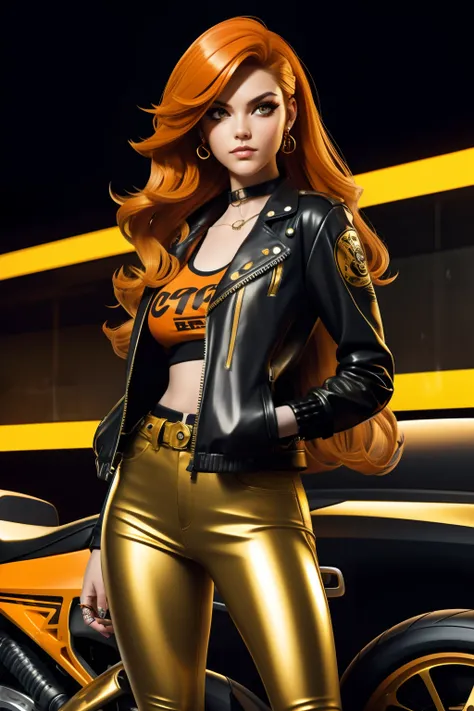 Biker girl, orange long hair Emo Pin up Girl, gold jacket, Striking a pose, natural make up, skinny innocent, in a cyberpunk highway