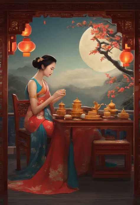 an osmanthus tree，Ancient architecture，Moon，Change，large moon，desks，Girl eating mooncakes at table，