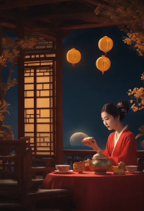 an osmanthus tree，Ancient architecture，Moon，Change，large moon，desks，Girl eating mooncakes at table，