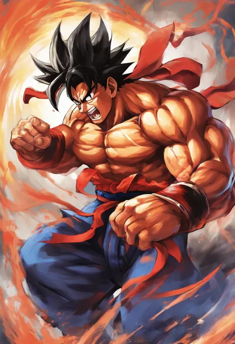 Produce an illustration of Goku as he challenges a formidable opponent, with his determined face and his black hair flowing. --ar 16:9