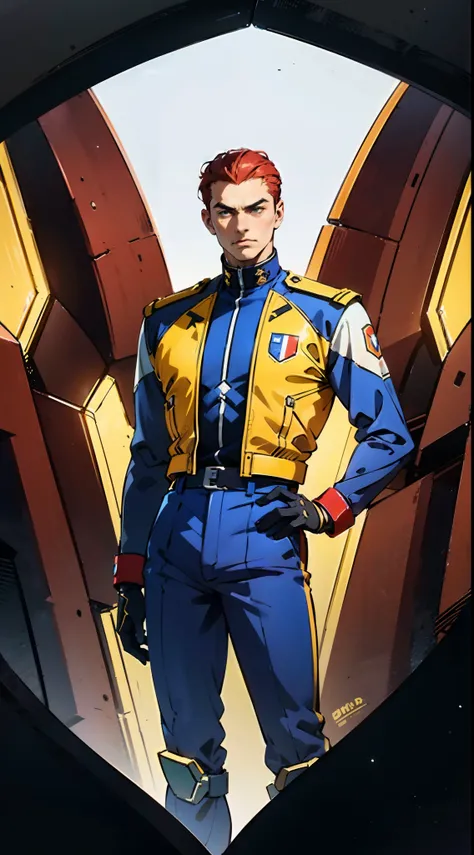 A man with short red-gold hair, hair slicked back, thick and disheveled hair, a cold and ruthless gaze, a confident expression, wears a two-piece futuristic military-style uniform, primarily in shades of white and red, accented by touches of yellow, stream...