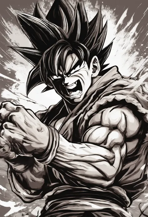 Produce an illustration of Goku as he challenges a formidable opponent, with his determined face and his black hair flowing. --ar 16:9