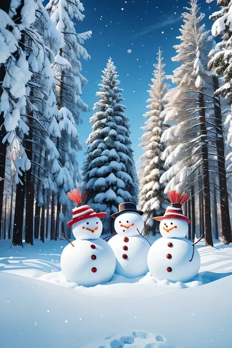 Snowmen and snow covered trees on Christmas background