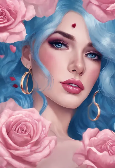 Highly detailed, Seductive erotic women are sweating, The chest is covered with rose pedals, (Busty, Pink/Blue hair), face centered, Face Focused, intricately detailed eyes,