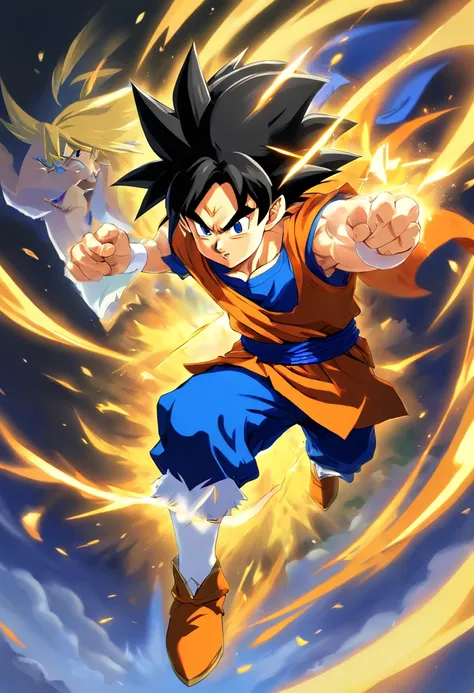 Produce an illustration of Goku as he challenges a formidable opponent, with his determined face and his black hair flowing. --ar 16:9