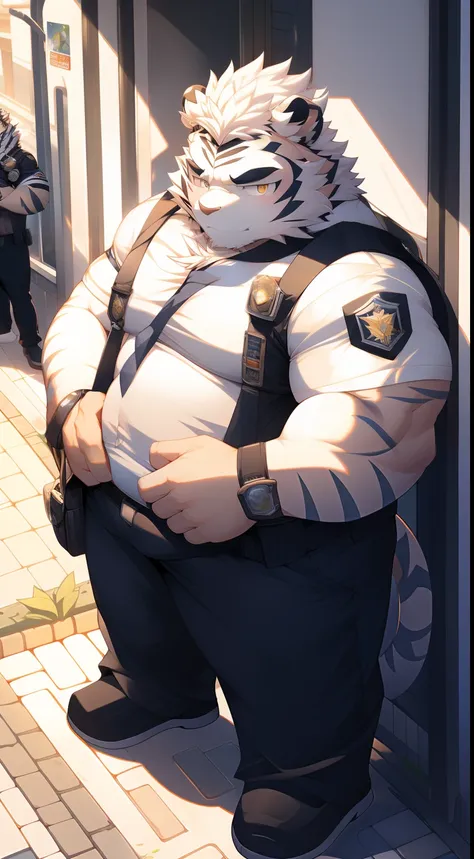 tmasterpiece，Anthropomorphic white tiger，male people，26 year old，Thick eyebrows，White hairs，Strong body，large pecs，Tight black police uniform，Exposing the pectoral muscles，medium bulge，Have on the street，patrol，serious-expression，looking toward the viewer，...