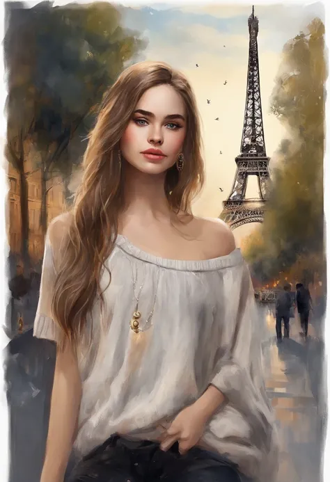 (8K、top-quality、​masterpiece:1.2)、 (realisitic、Photorealsitic:1.37)、 ultra-detailliert、DJSODA、 1 girl in、full bodyesbian、Wearing a turtleneck sweater and skinny jeans、Standing in the streets of Paris with the Eiffel Tower in the background、 cute little、 Be...