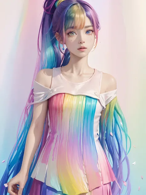 (SFW、masuter piece、Best Quality、Masterpiece、top-quality、Top image quality、extremely beautiful lady)、(Pink fashion T-shirt:1.9)、(colourful hair:1.8)、(all the colours of the rainbow:1.8)、((((Vertical Painting:1.6)))、(painterly:1.6)、frontage、comic strip、illus...