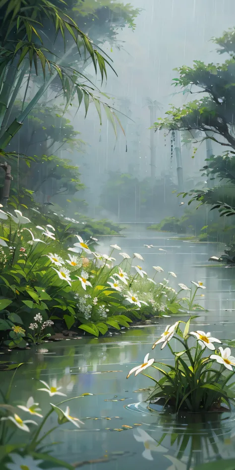 Masterpiece, Best quality, Studio lighting,White wildflowers，Cloudy, dense fog，Small rivers, bamboo forrest,  rain, lighting