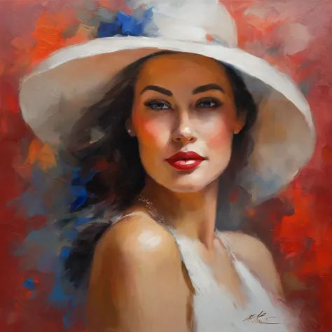 acrylic painting of a woman in a white cocktail dress, wearing a red hat, long blond hair, blue eyes, eyes looking at us, hat top within our view, hat top within the frame, medium shot, elegant digital painting, beautiful acrylic portrait painting, wlop pa...