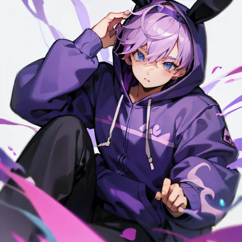 One Boy、Hair is purple、Odd eye color pink and purple、Rabbit headband、Black Rabbit Hoodie、animesque、kawaii、high-level image quality、twinks、One rabbit next to it