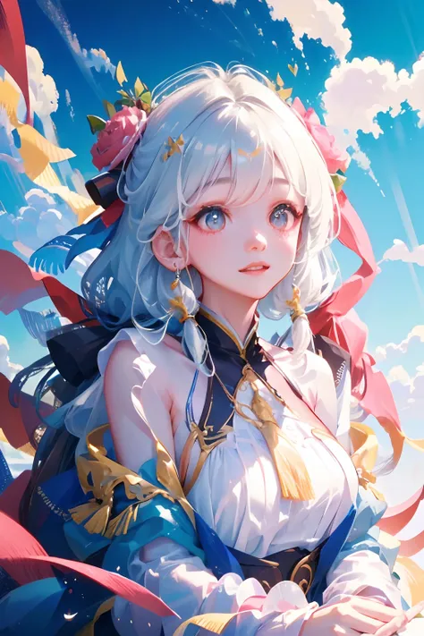 one-girl，floating in sky，full bodyesbian，clouds，gentlesoftlighting，