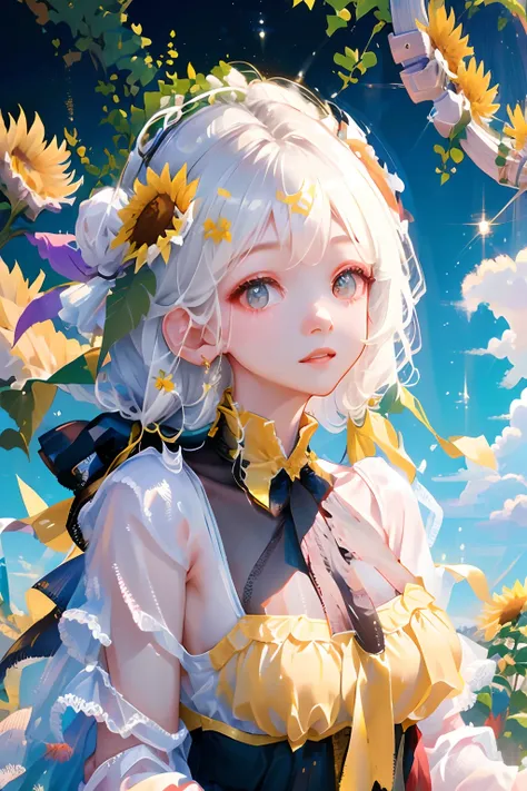 tmasterpiece， high high quality，  one-girl，white hair，sunflowers are worn on the head， floating in sky，white slip dress，full bod...