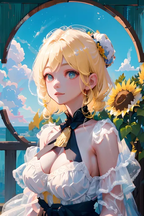 tmasterpiece， high high quality， cinematic Film still from， a drawing，Picture frame，one-girl，Golden hair，Sunflowers are worn on the head， floating in sky， Cloud Girl， Clouds， （closeup cleavage： 1.1）， brightly， cheerfulness， intriguing， gentlesoftlighting， ...