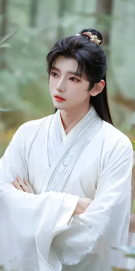 a white-robed araved woman standing in the forest, cai xukun, inspired by zhang han, white hanfu, inspired by seki dosheng, youn...