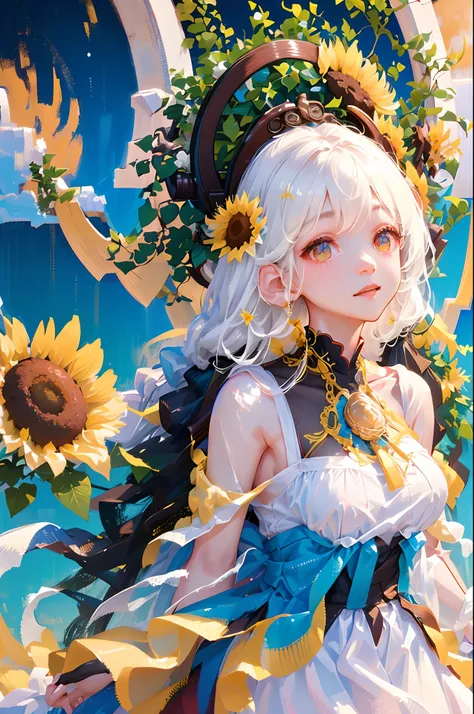 tmasterpiece， high high quality，  one-girl，white hair，sunflowers are worn on the head， floating in sky，white slip dress，full bod...