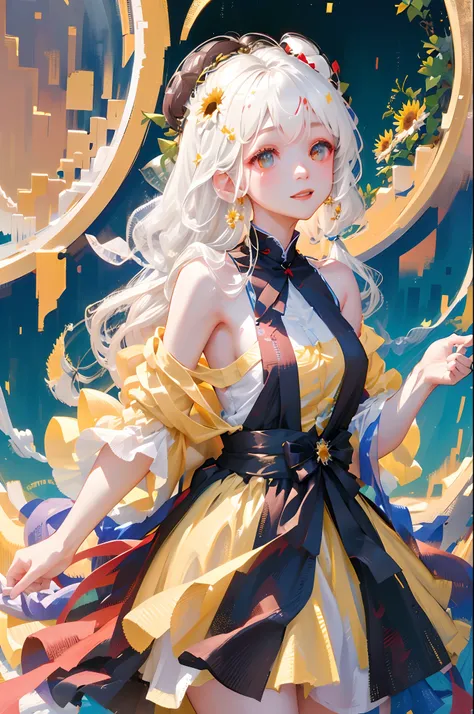 tmasterpiece， high high quality，  one-girl，White hair，Sunflowers are worn on the head， floating in sky，White slip dress，full bodyesbian， Cloud Girl， Clouds， brightly， cheerfulness， intriguing， gentlesoftlighting， （bauhause， Shape， lineworks， abstracted： 1....