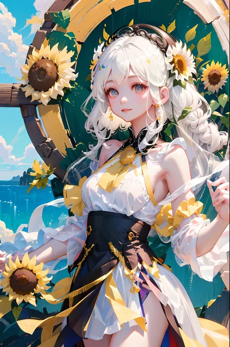 tmasterpiece， high high quality，  one-girl，white hair，sunflowers are worn on the head， floating in sky，white slip dress，full bod...