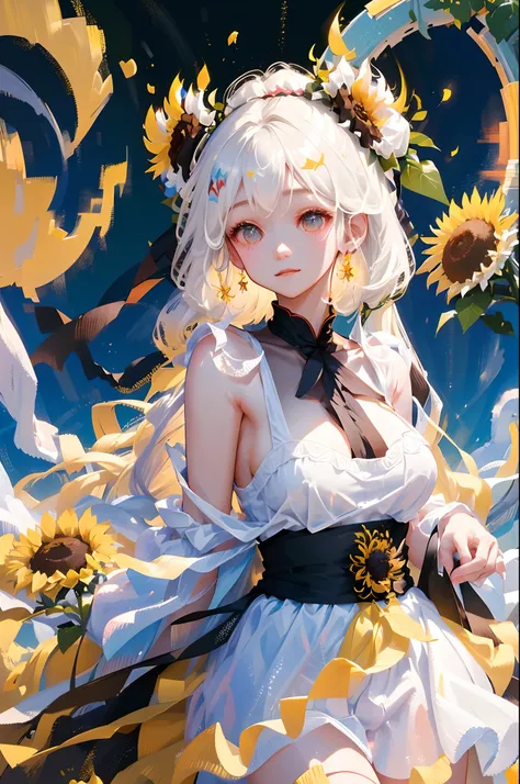 tmasterpiece， high high quality，  one-girl，White hair，Sunflowers are worn on the head， floating in sky，White slip dress，full bodyesbian， Cloud Girl， Clouds， brightly， cheerfulness， intriguing， gentlesoftlighting， （bauhause， Shape， lineworks， abstracted： 1....