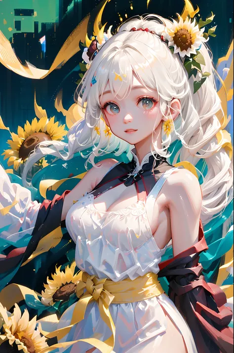 tmasterpiece， high high quality，  one-girl，White hair，Sunflowers are worn on the head， floating in sky，White slip dress，full bodyesbian， Cloud Girl， Clouds， brightly， cheerfulness， intriguing， gentlesoftlighting， （bauhause， Shape， lineworks， abstracted： 1....