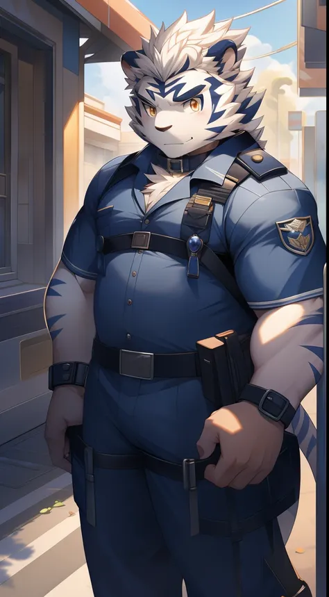 tmasterpiece，Anthropomorphic white tiger，male people，26 year old，Thick eyebrows，White hairs，Strong body，large pecs，Tight navy blue police uniform，The collar is open，Exposing the pectoral muscles，medium bulge，Have on the street，patrol，Mysterious Expression，...