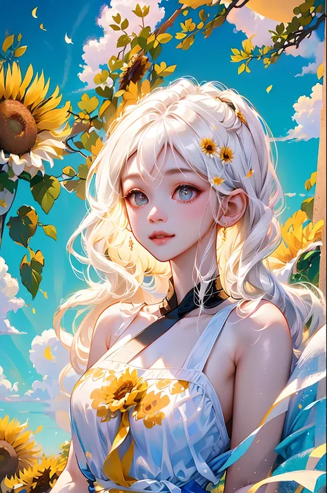 tmasterpiece， （Oil painting texture），one-girl，White hair，Sunflowers are worn on the head， floating in sky，White slip dress， full bodyesbian，Cloud Girl， Clouds， brightly， cheerfulness， intriguing， gentlesoftlighting，