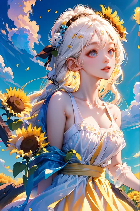 tmasterpiece，one-girl，White hair，Sunflowers are worn on the head， floating in sky，White slip dress， Cloud Girl， Clouds， （closeup cleavage： 1.1）， brightly， cheerfulness， intriguing， gentlesoftlighting，