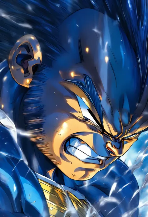 Vegeta face to face with a giant gorilla, dark white and dark blue, realist accuracy, old memecore, emotional and dramatic scenes, light gray and dark gold, distinctive noses , dragon ball by Akira Toriyama