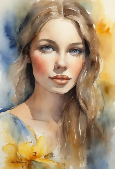 (young girl,serene face,vintage images) close-up,Stacia Burlington style watercolor with soft colors, yellow and blue iris. (best quality,ultra-detailed,realistic)