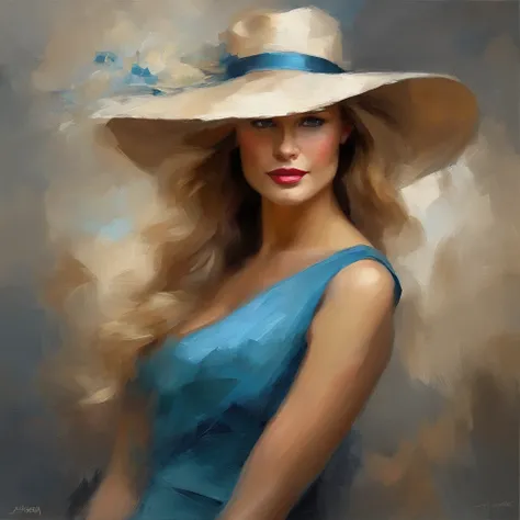 classic oil painting of a beautiful woman in a cocktail dress, long blond hair, blue eyes, eyes looking at us, hat top within our view, hat top within the frame, medium shot, elegant digital painting, beautiful oil portrait painting, wlop painting style, b...