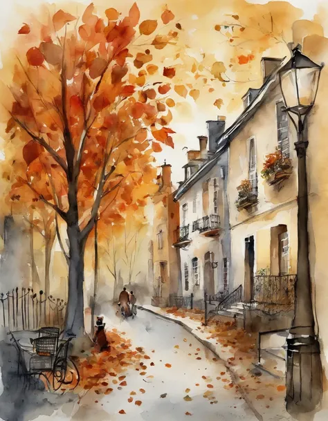 an illustration of a city with lots of colorful leaves, France, Paris, in the style of vivid comic book artist, fall, pumpkins, jack o lantern, pumpkin spice, the new york school, robert munsch, conceptual street art, cinestill 50d, naturalistic depictions...