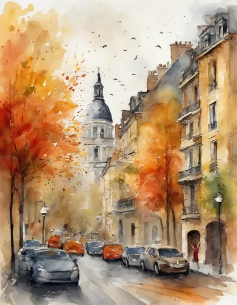 an illustration of a city with lots of colorful leaves, France, Paris, in the style of vivid comic book artist, fall, pumpkins, jack o lantern, pumpkin spice, the new york school, robert munsch, conceptual street art, cinestill 50d, naturalistic depictions...