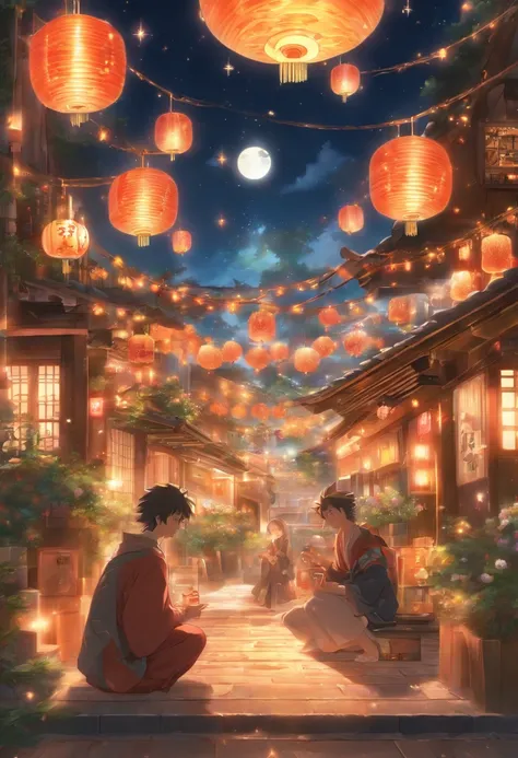 (top-quality、8K、tmasterpiece:1.3)、Full moon and stars in sky illustration，The family sits together eating mooncakes,Mom and dad laugh with the kids，Have in the living room、Bright house scene，extremely detailed face and skin，Heartwarming scene，perfect  deta...