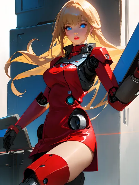 Super realistic sexy robot Red mini dress glowing blue eyes long blonde hair