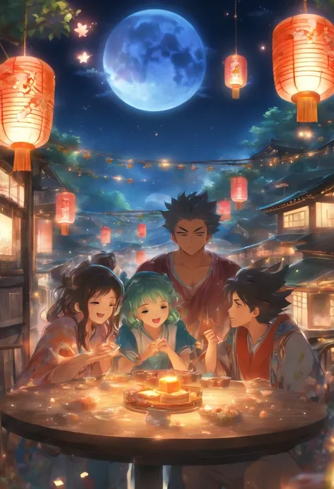 (top-quality、8K、tmasterpiece:1.3)、Full moon and stars in sky illustration，The family sits together eating mooncakes,Mom and dad laugh with the kids，Have in the living room、Bright house scene，extremely detailed face and skin，Heartwarming scene，perfect  deta...